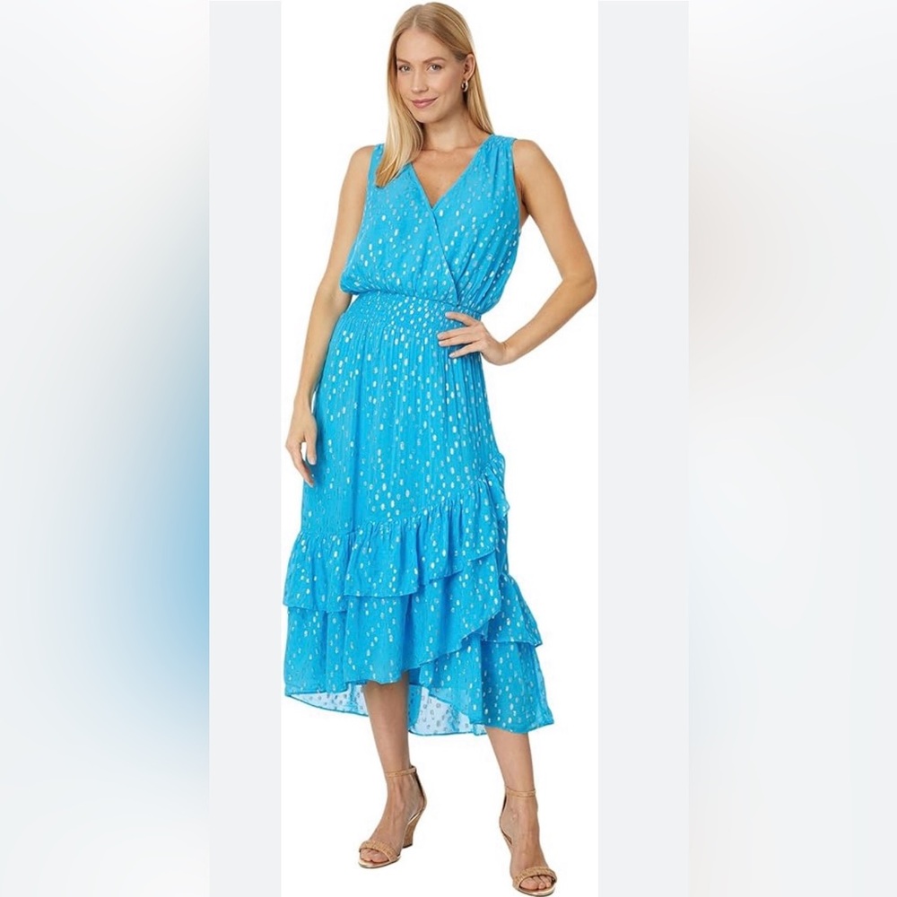 Lilly Pulitzer Valeri Midi Cumulus Blue Metallic Gold Dot Wedding Guest Dress- 6